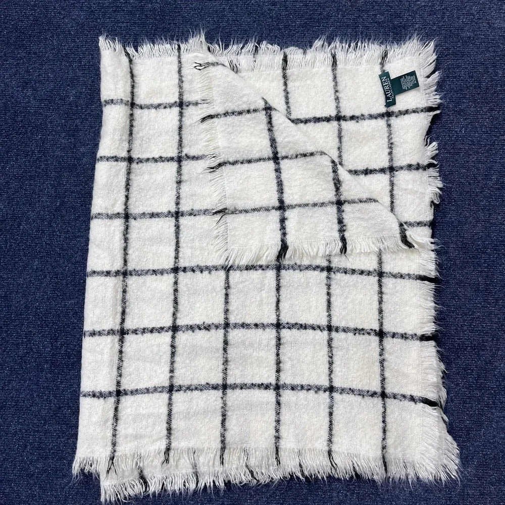 Lauren Ralph Lauren Scarf Womens White Black Windowpane Plaid Fringe Wrap Shawl‎